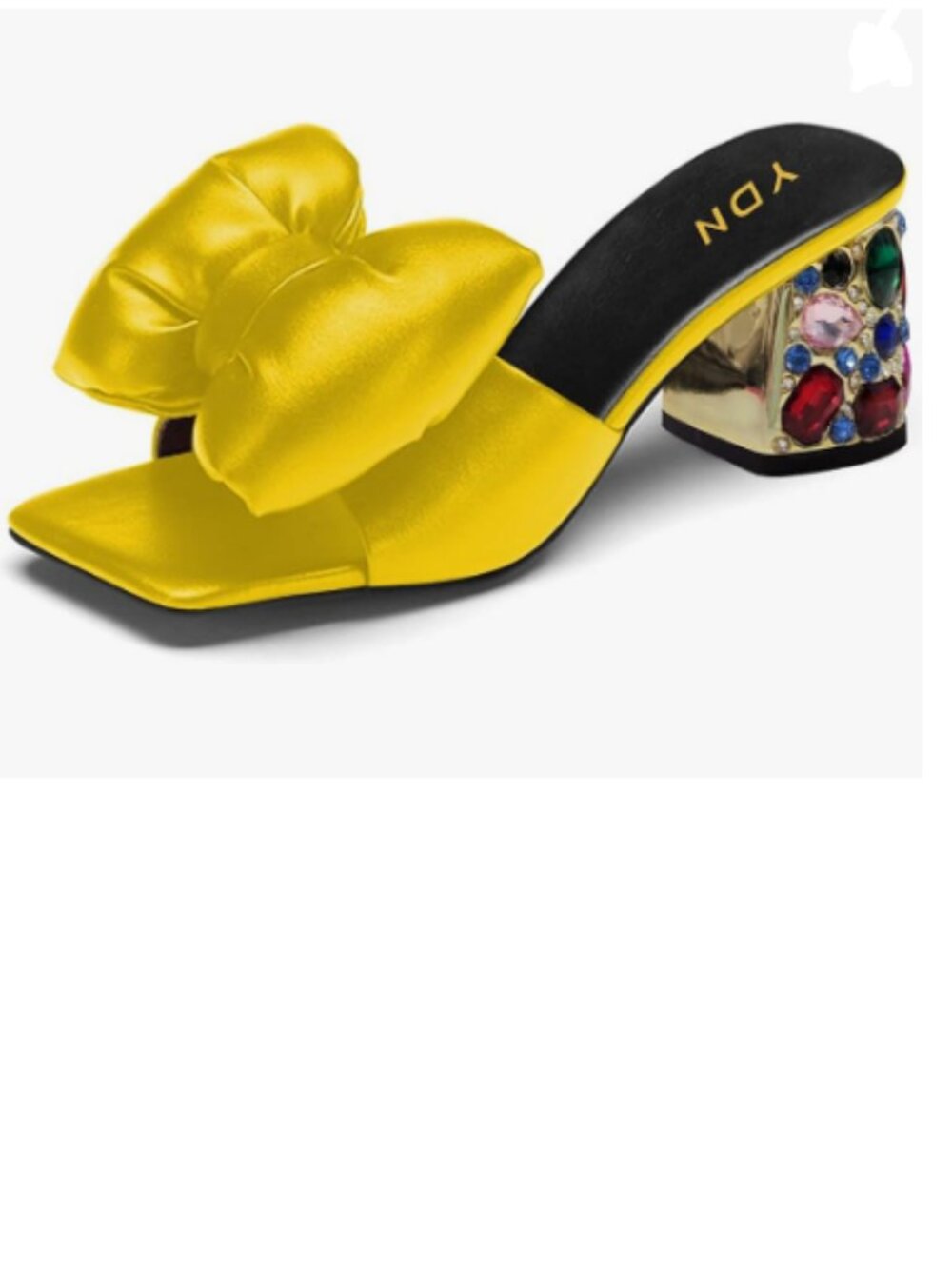 YDN Yellow Rhinestone Block Heeled Mule Sandals Open Toe Slip On Bow Slipper